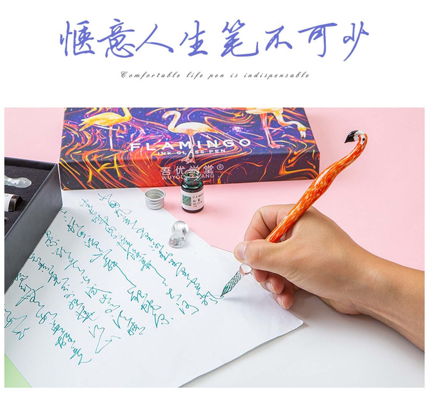 Crystal Flamingo Glass Dip Pen Ink Set Gift Pack Signature Dipping Calligraphy