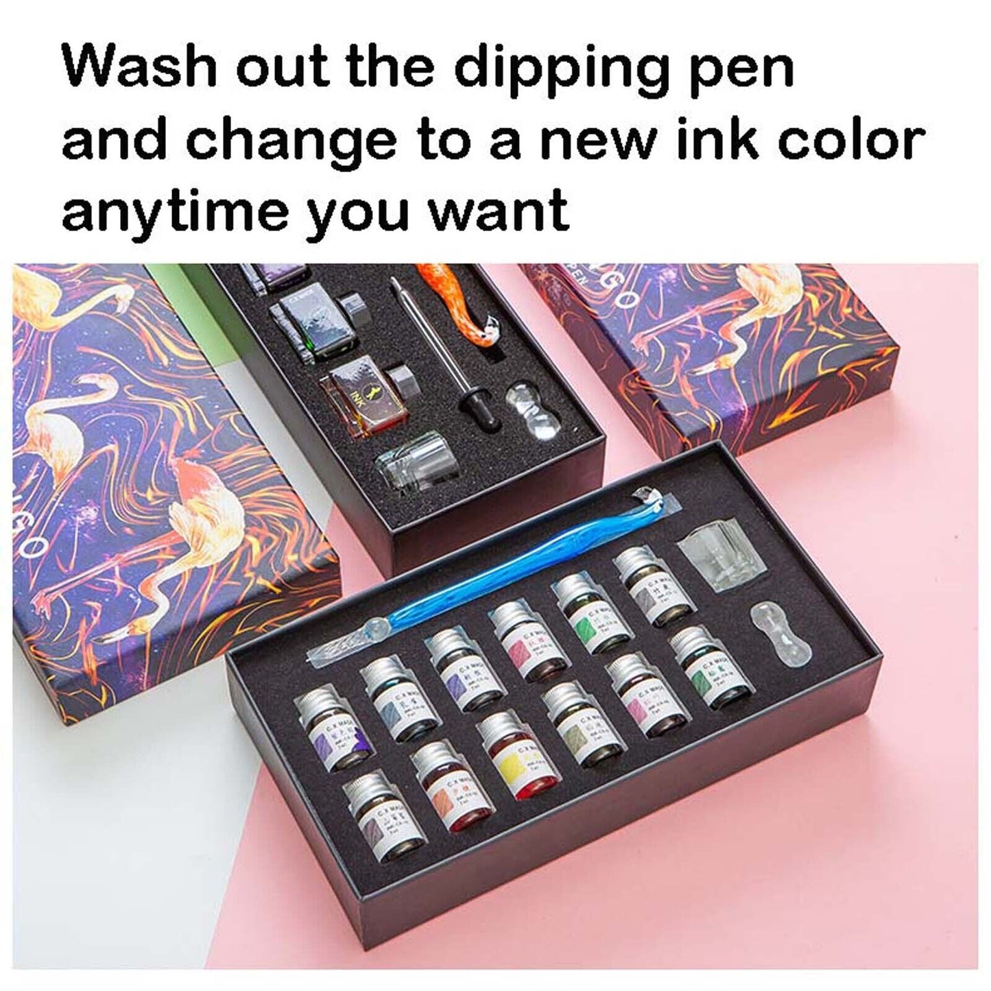 Crystal Flamingo Glass Dip Pen Ink Set Gift Pack Signature Dipping Calligraphy