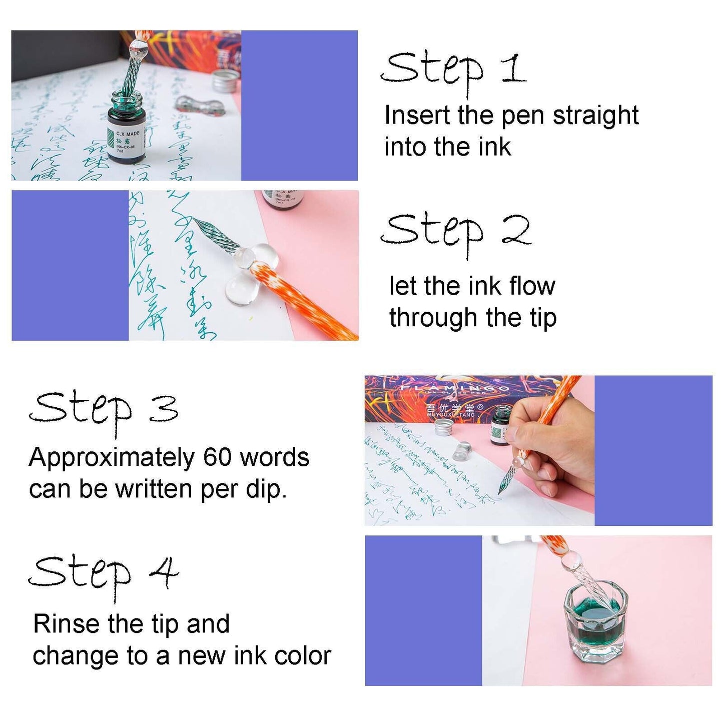 Crystal Flamingo Glass Dip Pen Ink Set Gift Pack Signature Dipping Calligraphy
