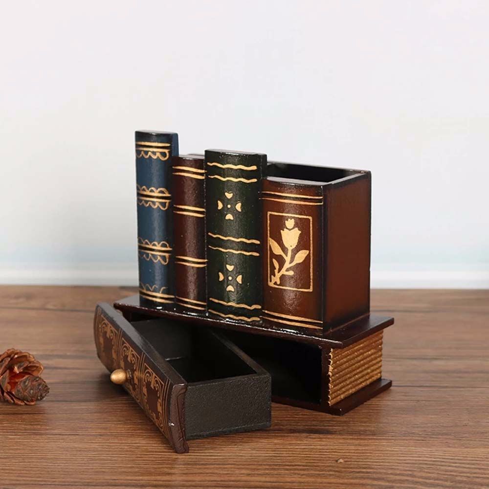 Retro Wood Pen Holder Book Shaped Desk Organizer For Stationery Office Decor