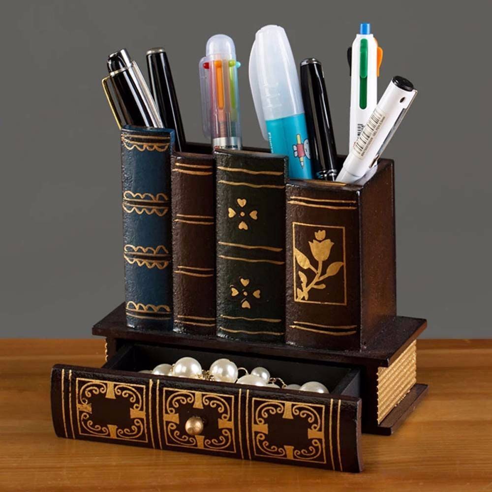 Retro Wood Pen Holder Book Shaped Desk Organizer For Stationery Office Decor