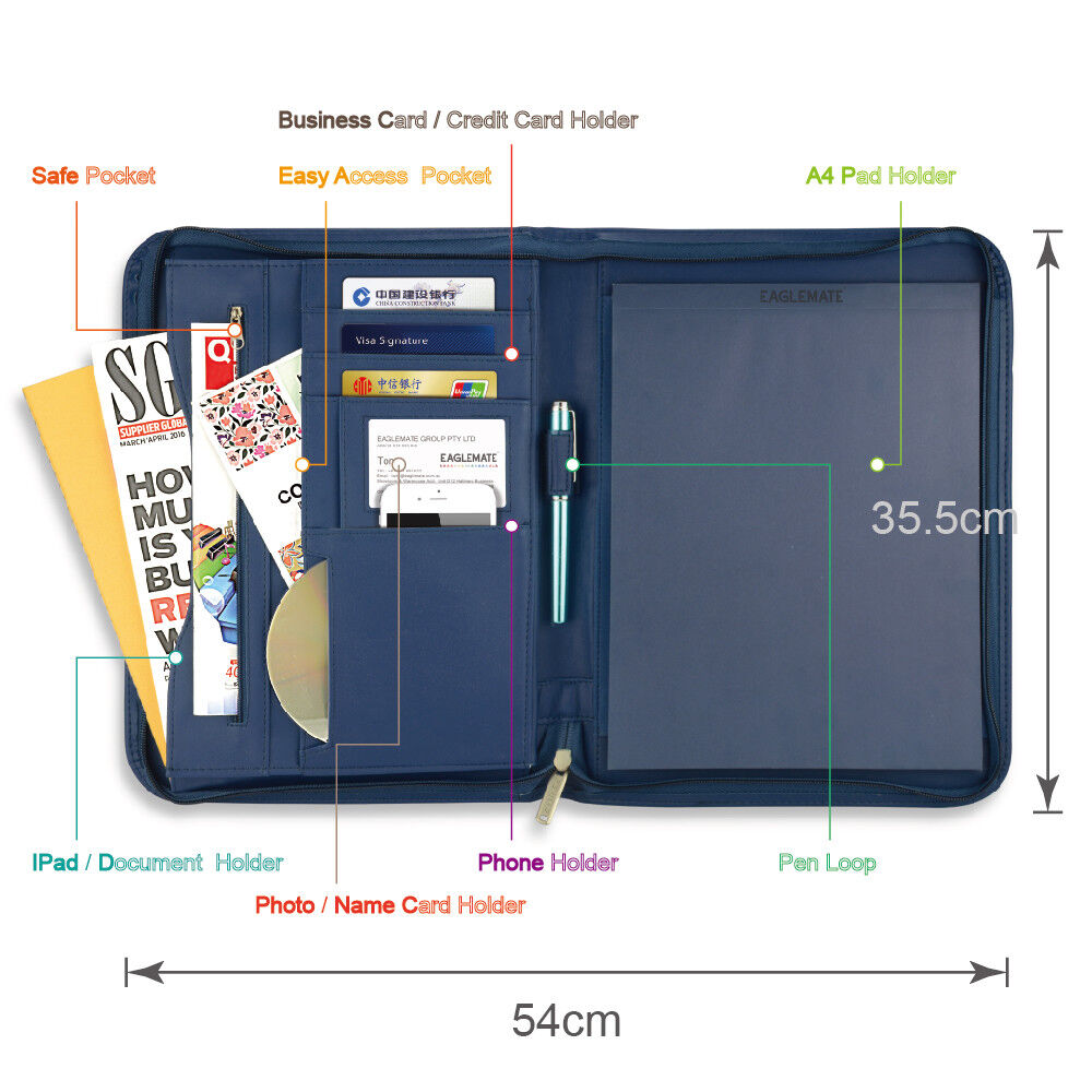 Padfolio A4 Portfolio A4 Leather Zippered Writing Pad with Pocket and Card Slot
