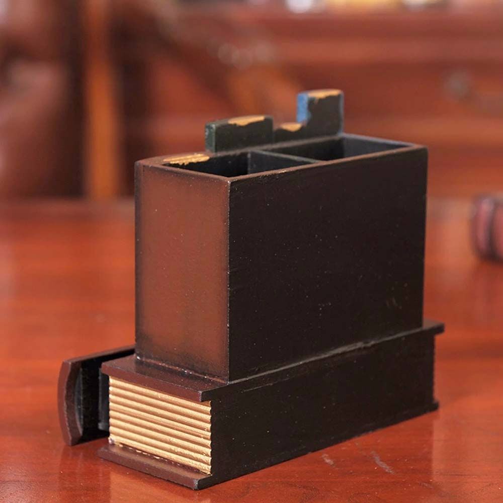Retro Wood Pen Holder Book Shaped Desk Organizer For Stationery Office Decor