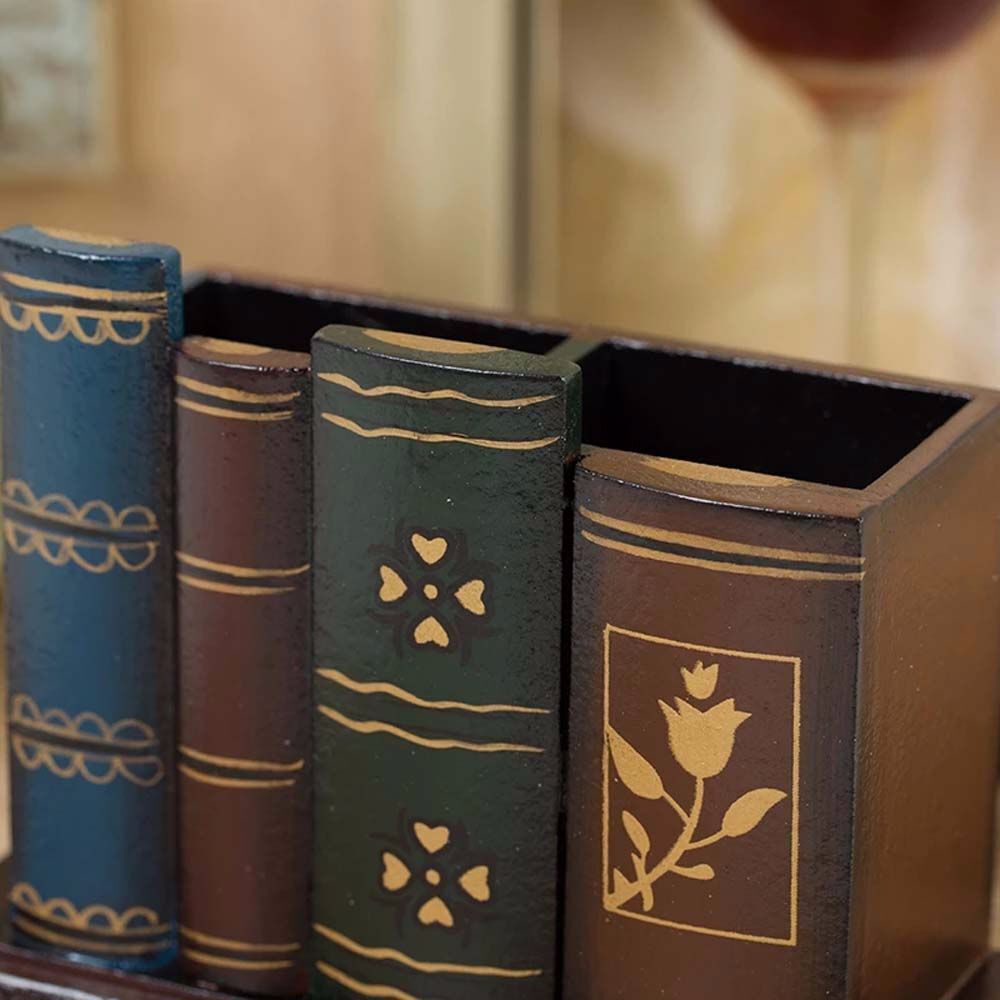 Retro Wood Pen Holder Book Shaped Desk Organizer For Stationery Office Decor