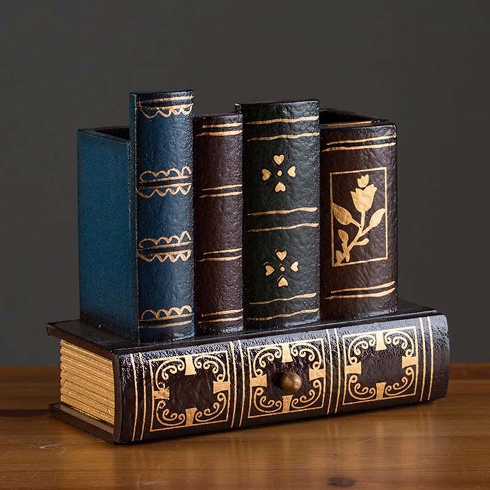 Retro Wood Pen Holder Book Shaped Desk Organizer For Stationery Office Decor
