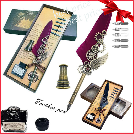 Antique Quill Feather Set,Steampunk Calligraphy Set,Vintage Feather Dip Ink Pen