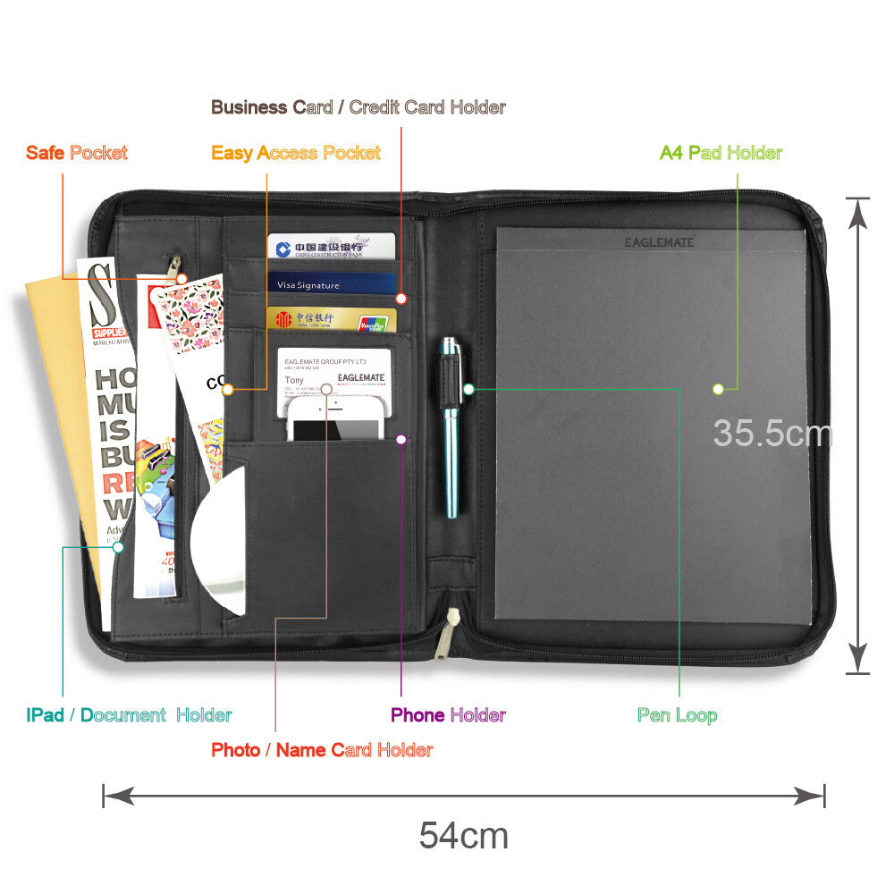 Padfolio A4 Portfolio A4 Leather Zippered Writing Pad with Pocket and Card Slot