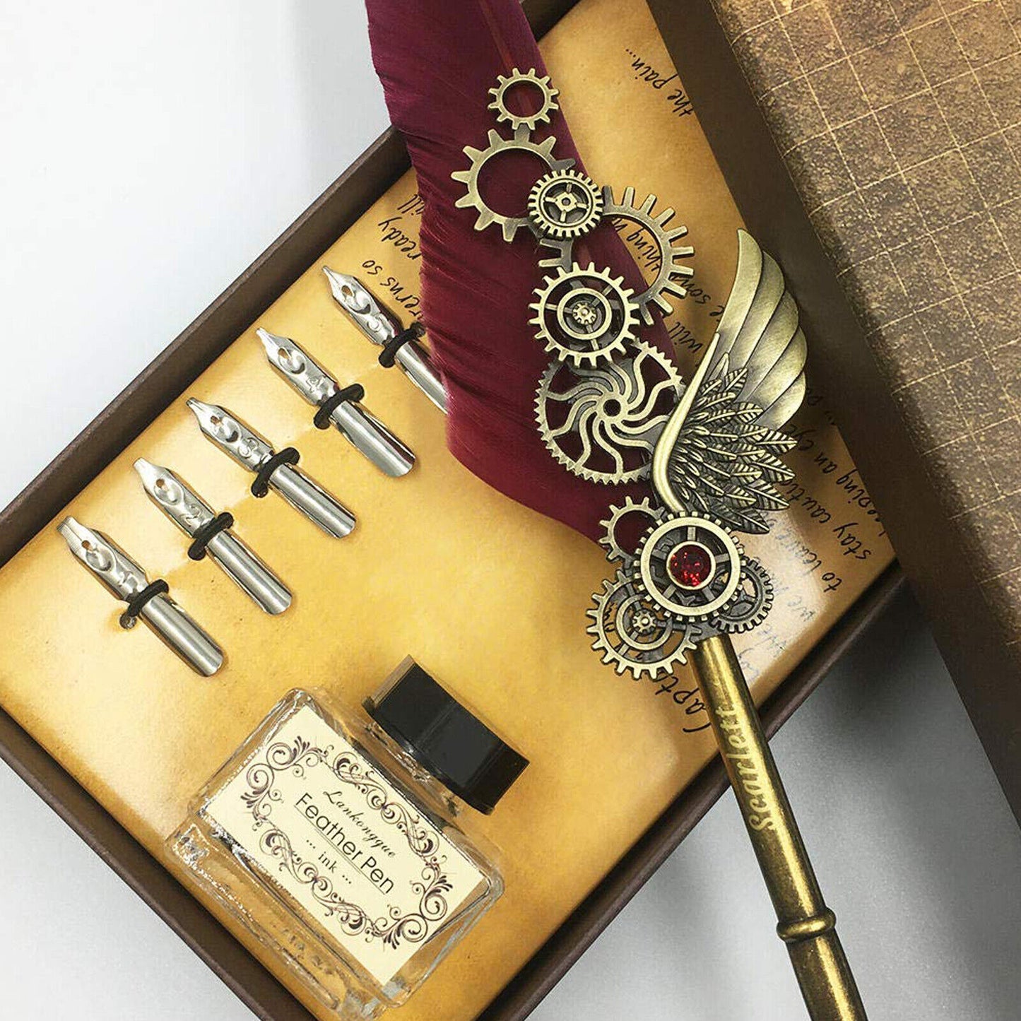 Antique Quill Feather Set,Steampunk Calligraphy Set,Vintage Feather Dip Ink Pen