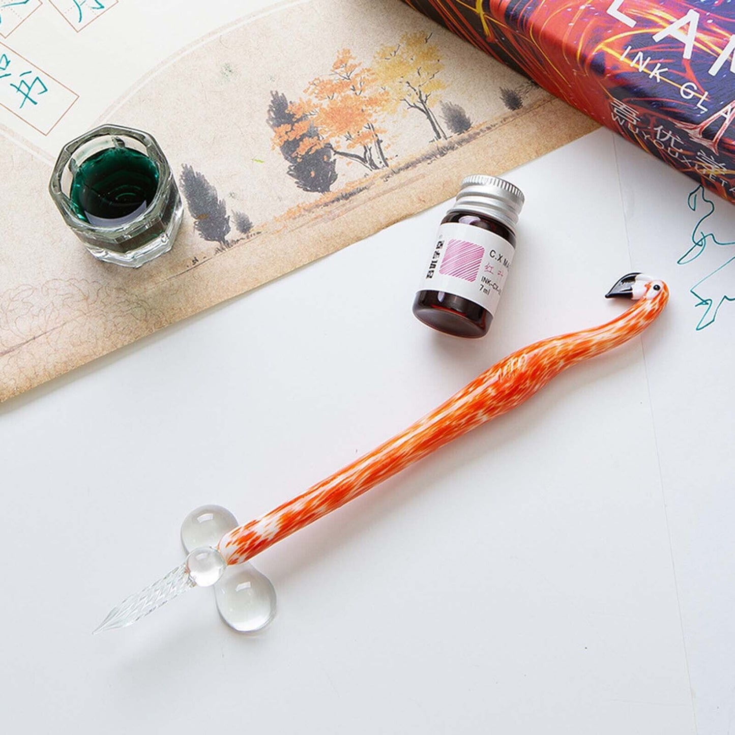 Crystal Flamingo Glass Dip Pen Ink Set Gift Pack Signature Dipping Calligraphy