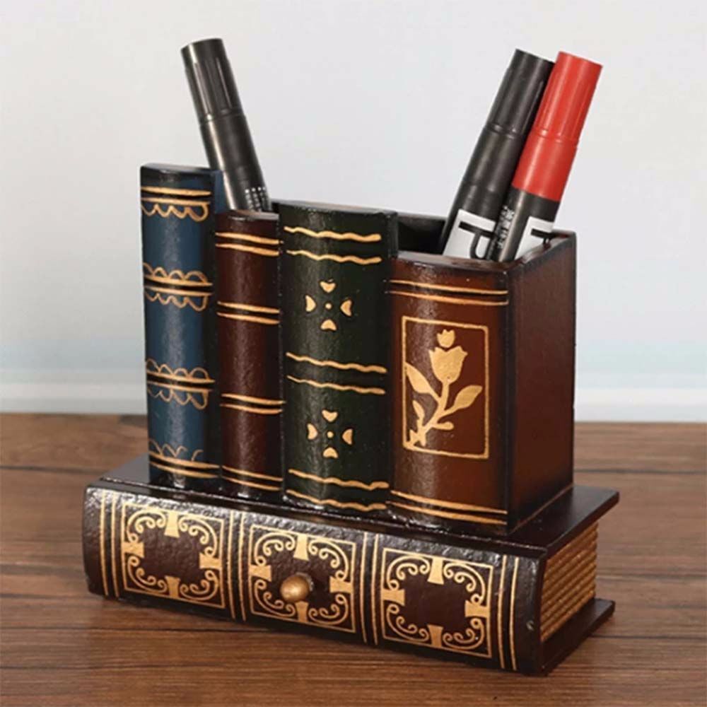 Retro Wood Pen Holder Book Shaped Desk Organizer For Stationery Office Decor