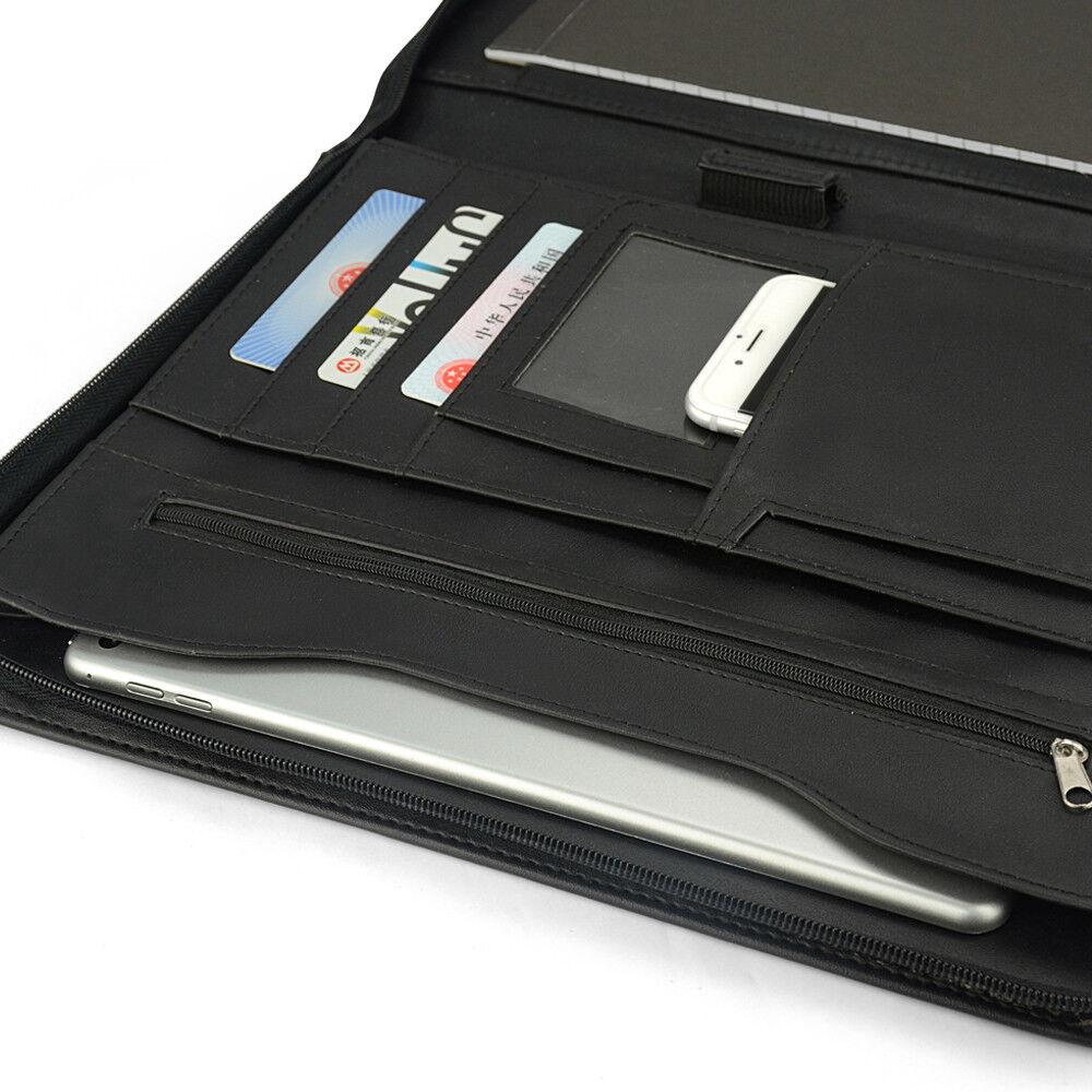 Padfolio A4 Portfolio A4 Leather Zippered Writing Pad with Pocket and Card Slot