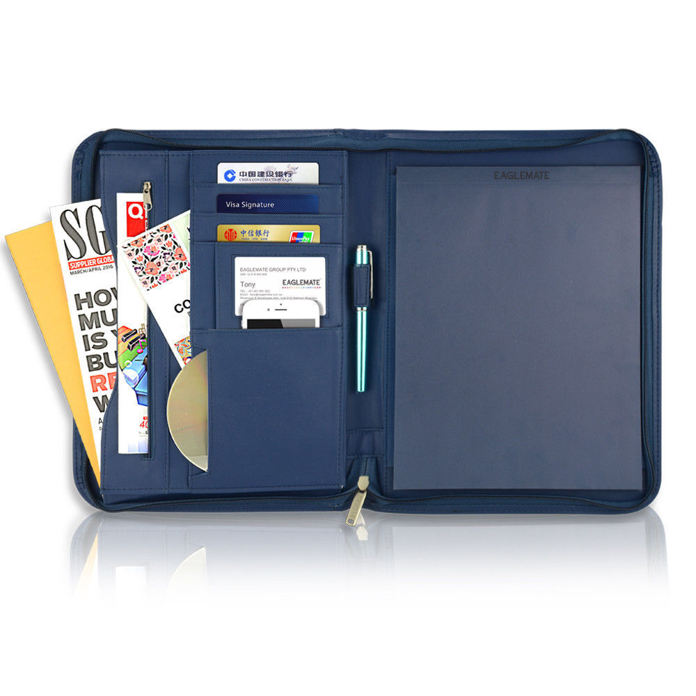 Padfolio A4 Portfolio A4 Leather Zippered Writing Pad with Pocket and Card Slot