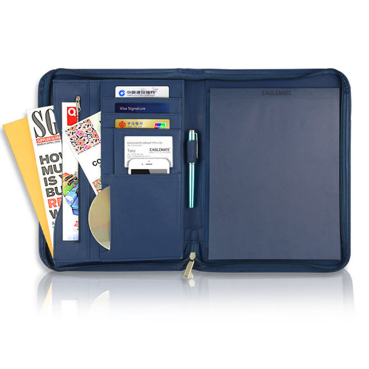 Padfolio A4 Portfolio A4 Leather Zippered Writing Pad with Pocket and Card Slot