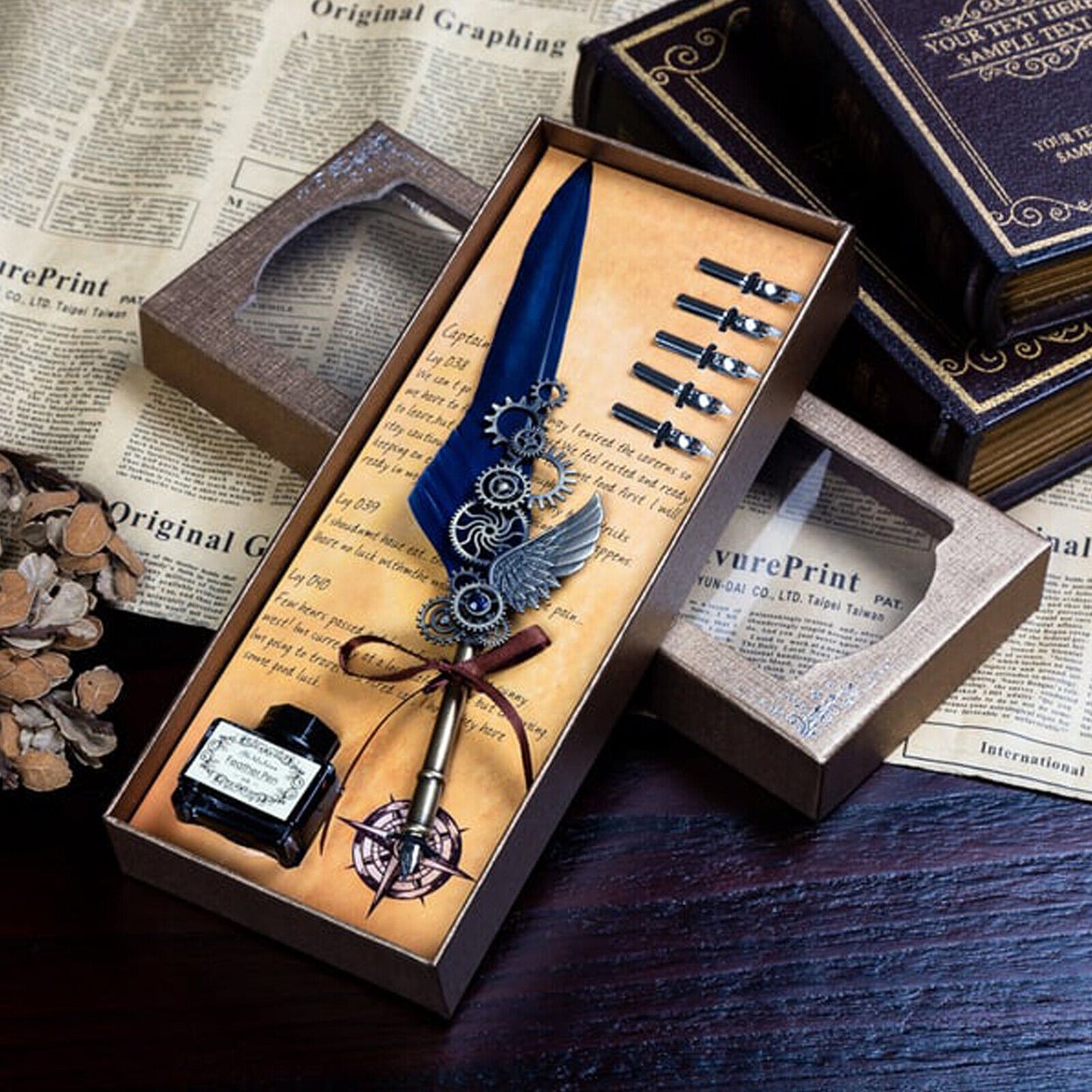 Antique Quill Feather Set,Steampunk Calligraphy Set,Vintage Feather Dip Ink Pen