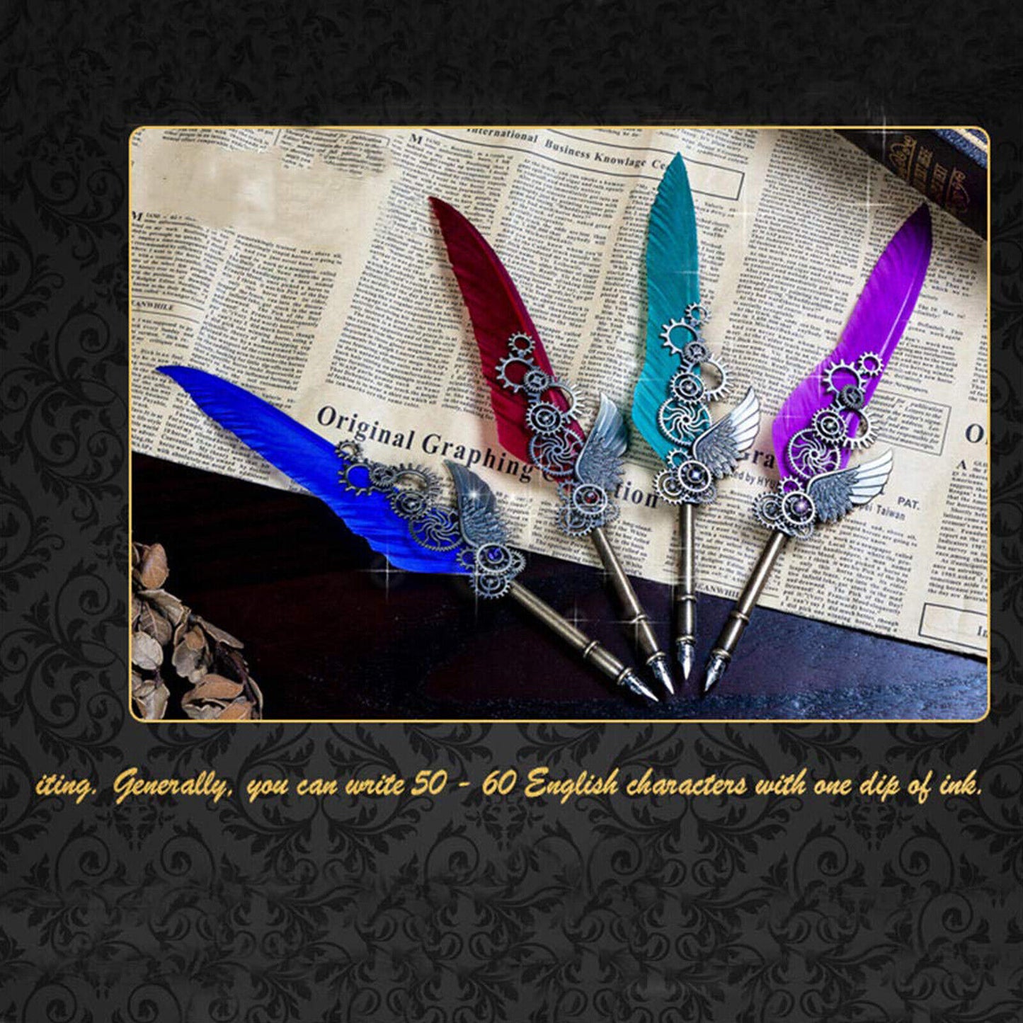 Antique Quill Feather Set,Steampunk Calligraphy Set,Vintage Feather Dip Ink Pen