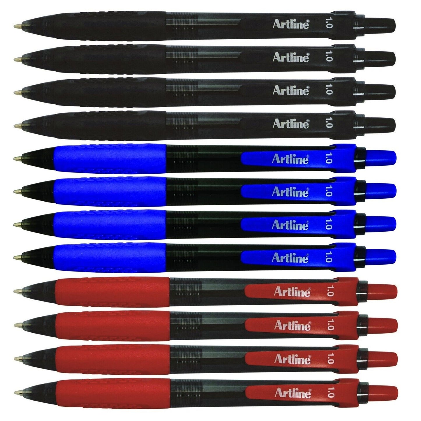 12 x Artline Ikonic 8410 Retractable Ballpoint Pen 1.0mm Black/Blue/Red
