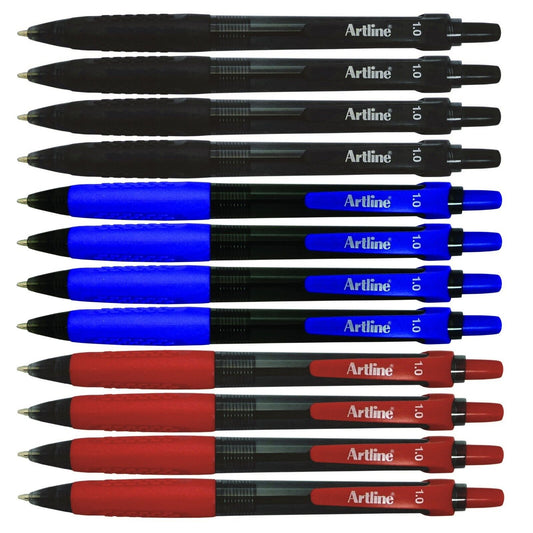 12 x Artline Ikonic 8410 Retractable Ballpoint Pen 1.0mm Black/Blue/Red
