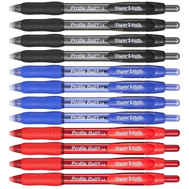 12 x PaperMate Profile Retractable Ballpoint Pens 1.0mm/0.7mm Black/Blue/Red