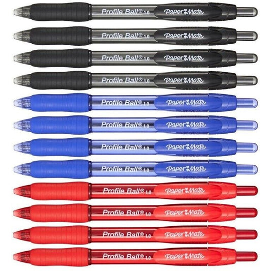 12 x PaperMate Profile Retractable Ballpoint Pens 1.0mm/0.7mm Black/Blue/Red