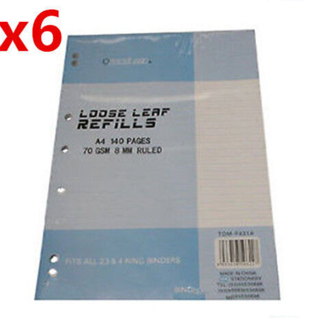 6x A4 Writing Paper70gsm Loose Leaf Refills 140 Page Packs 8mm Ruled F431Ax6