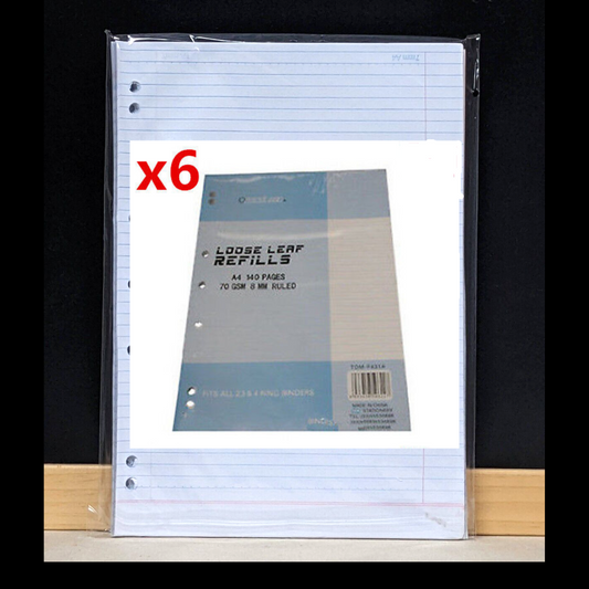 6x A4 Writing Paper70gsm Loose Leaf Refills 140 Page Packs 8mm Ruled F431Ax6