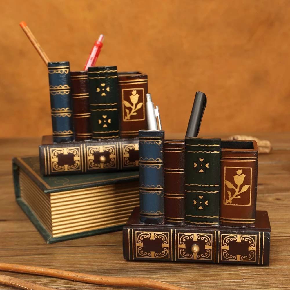 Retro Wood Pen Holder Book Shaped Desk Organizer For Stationery Office Decor