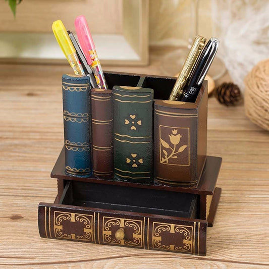 Retro Wood Pen Holder Book Shaped Desk Organizer For Stationery Office Decor