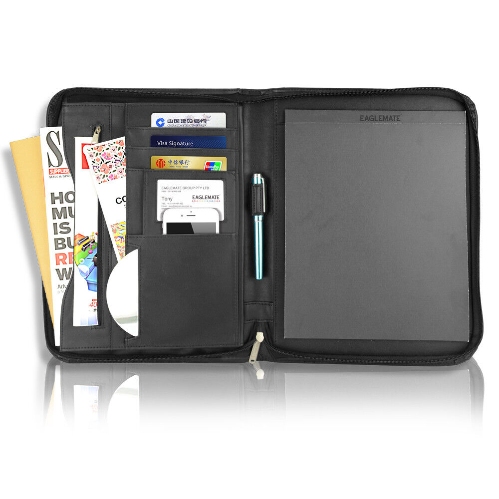 Padfolio A4 Portfolio A4 Leather Zippered Writing Pad with Pocket and Card Slot