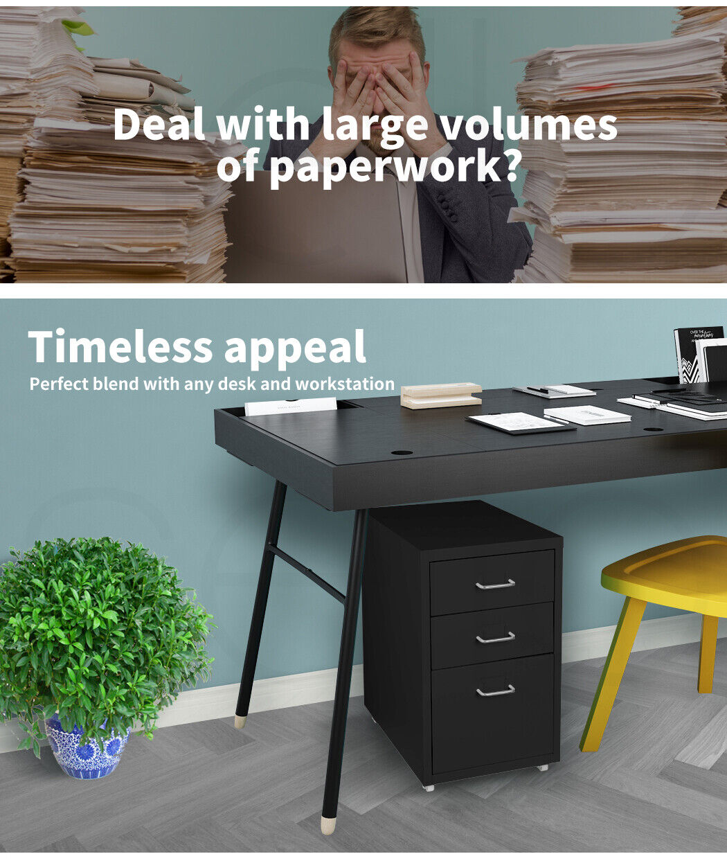 Levede 3 Drawer Office Storage Cabinet Black