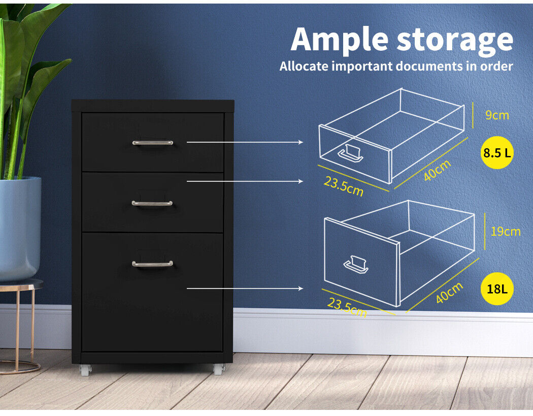 Levede 3 Drawer Office Storage Cabinet Black