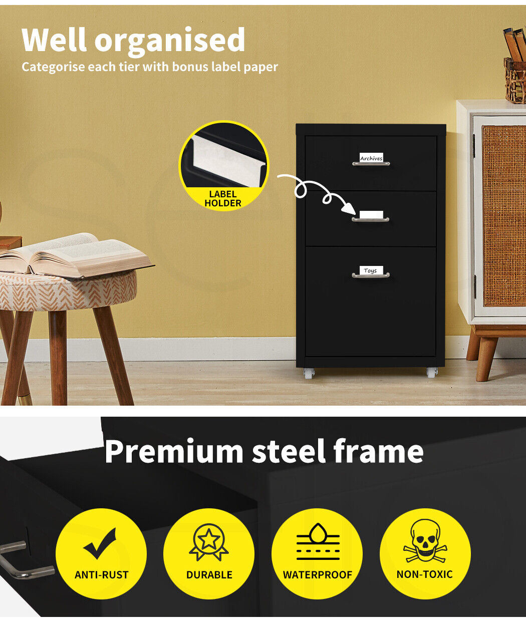 Levede 3 Drawer Office Storage Cabinet Black