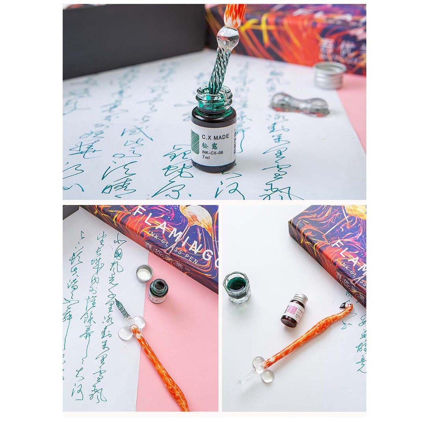 Crystal Flamingo Glass Dip Pen Ink Set Gift Pack Signature Dipping Calligraphy