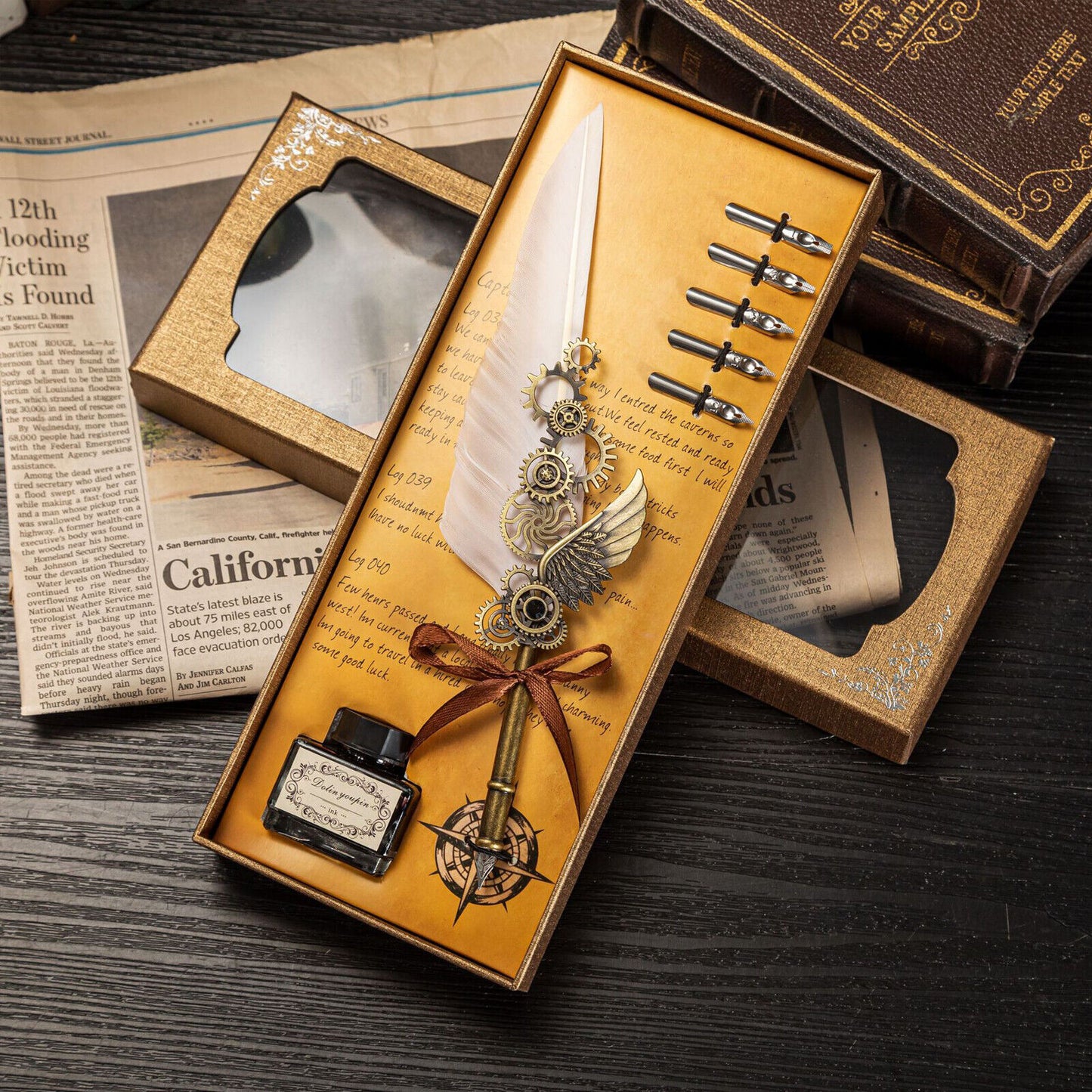 Antique Quill Feather Set,Steampunk Calligraphy Set,Vintage Feather Dip Ink Pen
