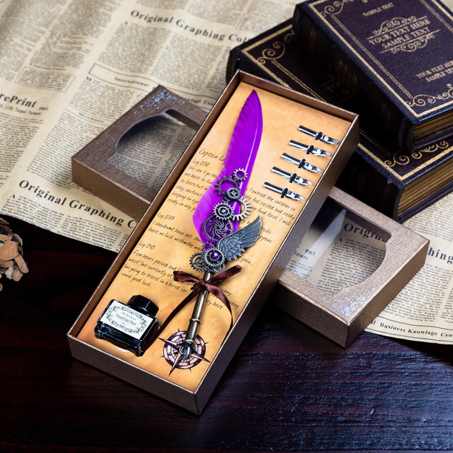 Antique Quill Feather Set,Steampunk Calligraphy Set,Vintage Feather Dip Ink Pen