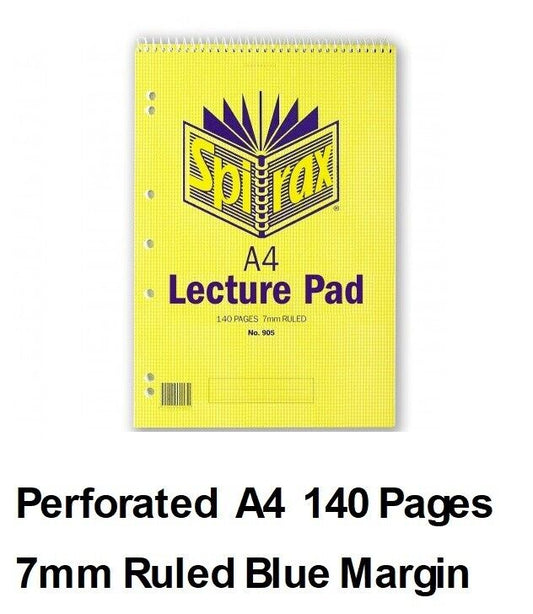 Spirax 905 Spiral Lecture Pad 40900 Ruled 7mm 140 Page 7 Hole Blue Margin B363