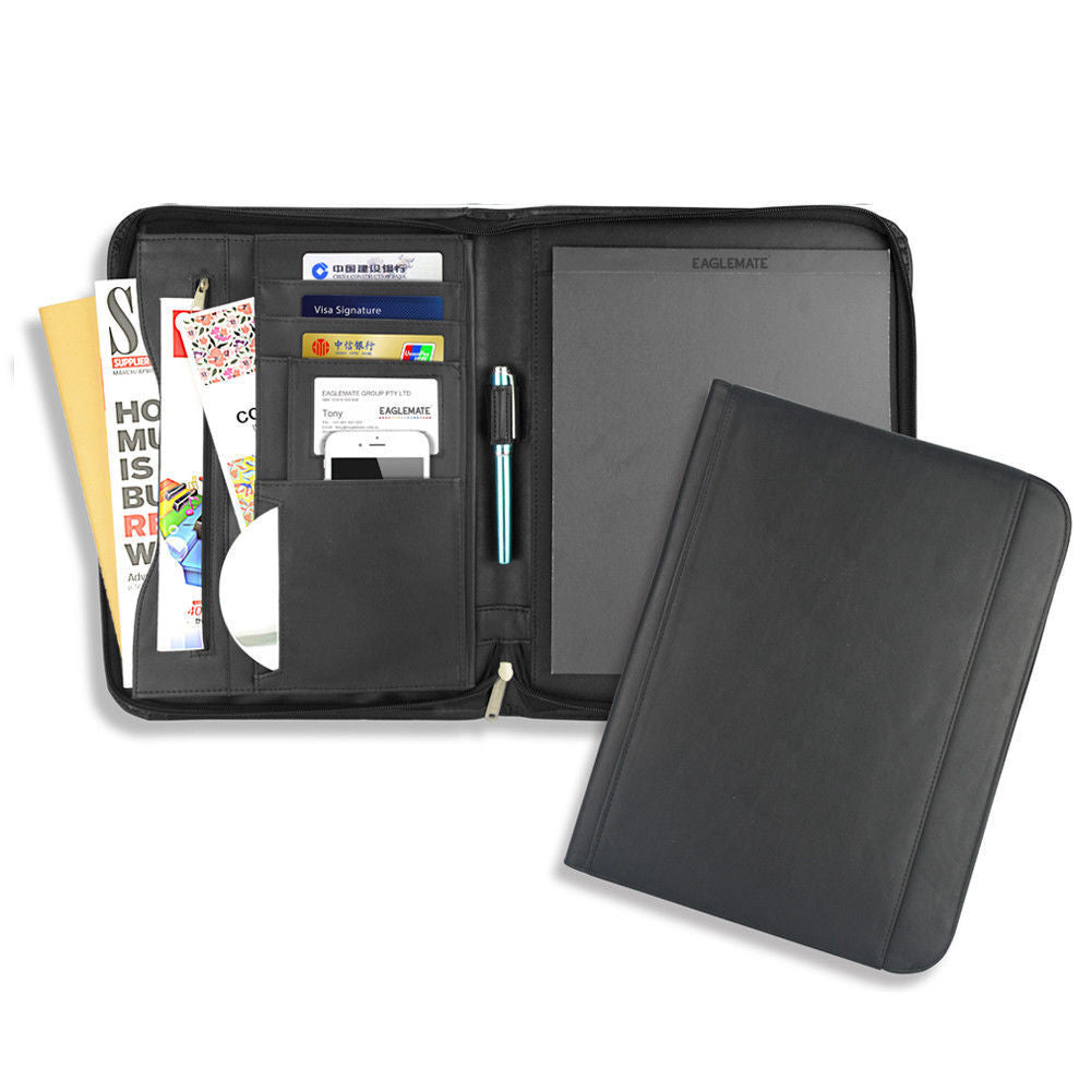 Padfolio A4 Portfolio A4 Leather Zippered Writing Pad with Pocket and Card Slot