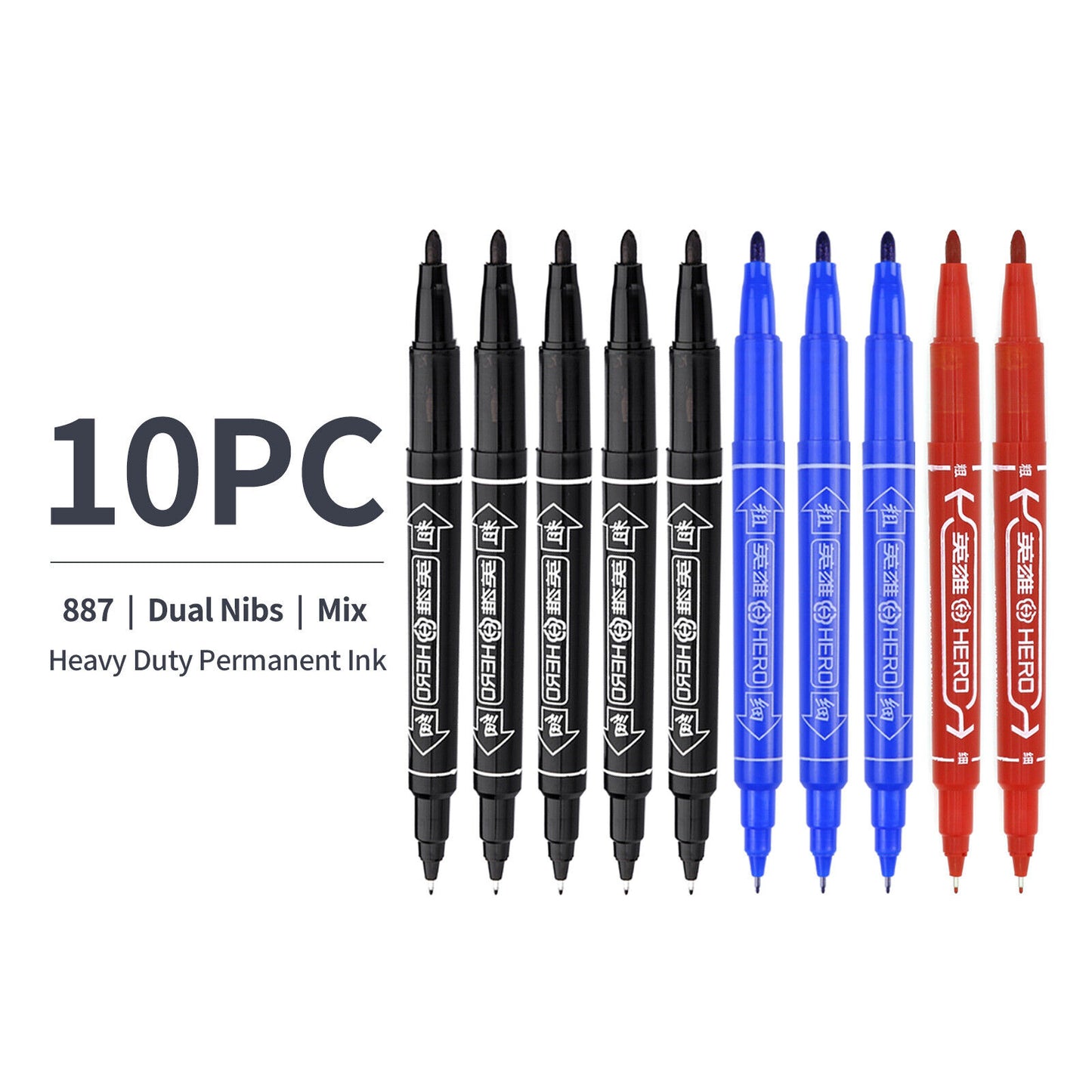 10x Fineliners Felt Tip Pens Dual Nibs Permanent Marking Pens (Black, Blue, Red)