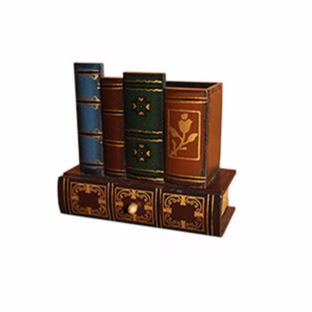 Retro Wood Pen Holder Book Shaped Desk Organizer For Stationery Office Decor