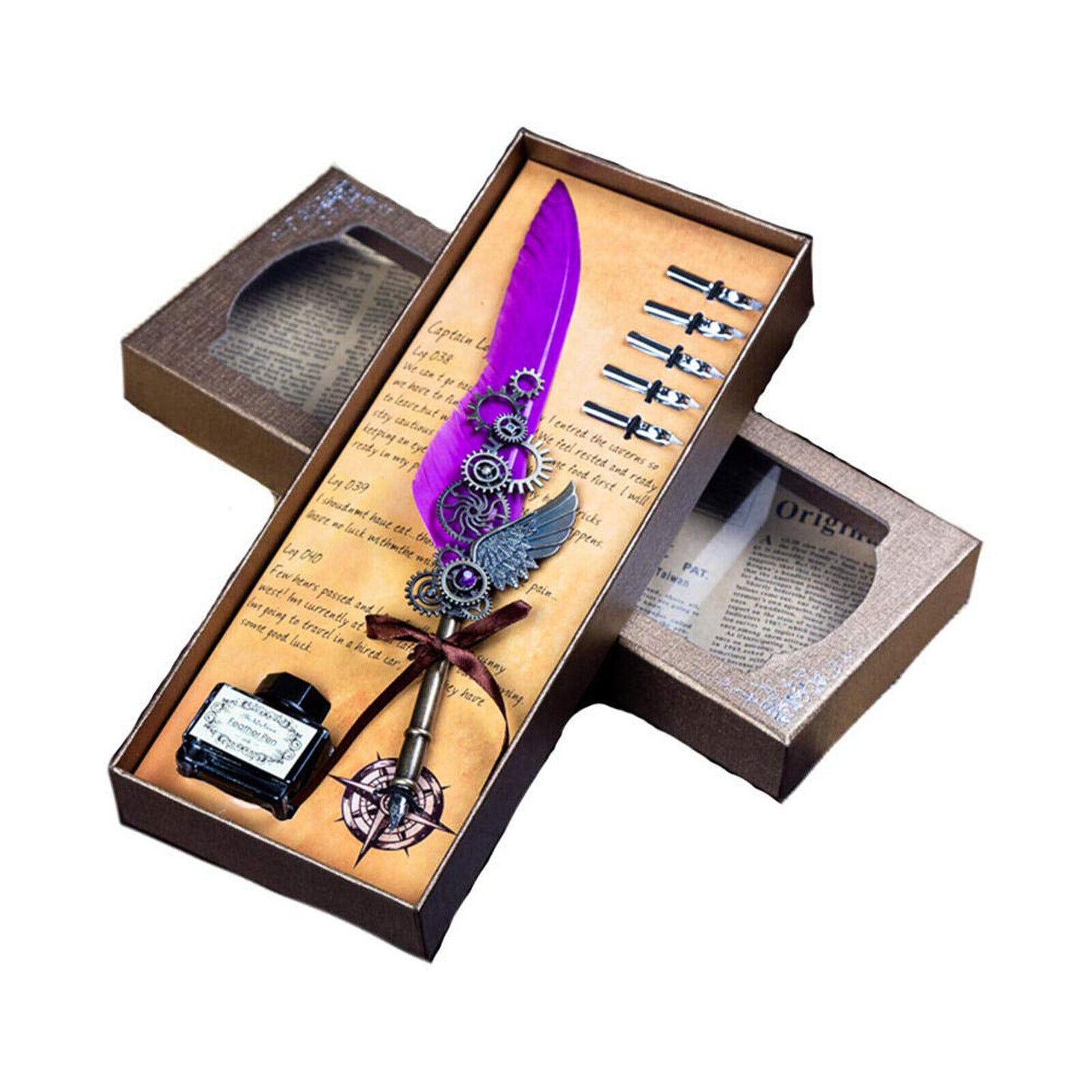 Antique Quill Feather Set,Steampunk Calligraphy Set,Vintage Feather Dip Ink Pen