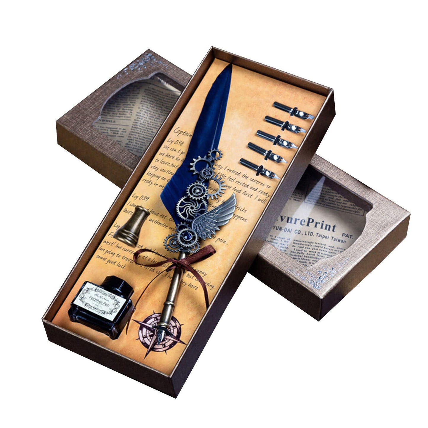 Antique Quill Feather Set,Steampunk Calligraphy Set,Vintage Feather Dip Ink Pen