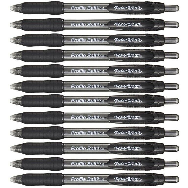 12 x PaperMate Profile Retractable Ballpoint Pens 1.0mm/0.7mm Black/Blue/Red