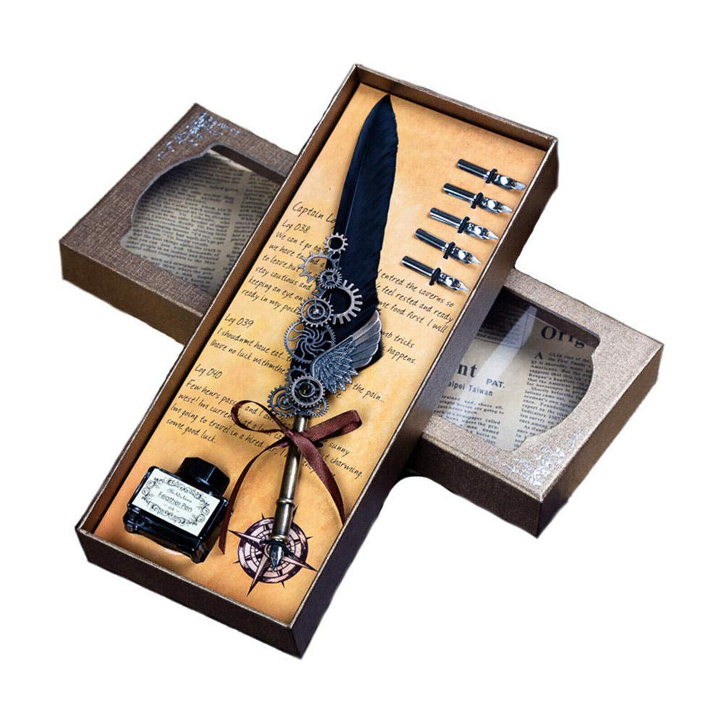 Antique Quill Feather Set,Steampunk Calligraphy Set,Vintage Feather Dip Ink Pen