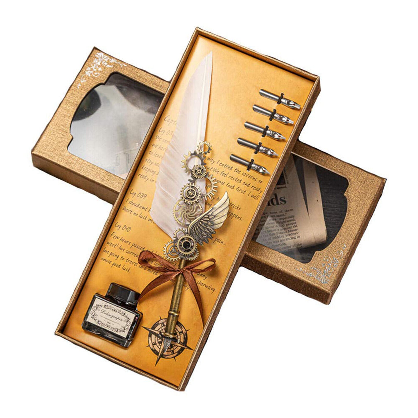 Antique Quill Feather Set,Steampunk Calligraphy Set,Vintage Feather Dip Ink Pen