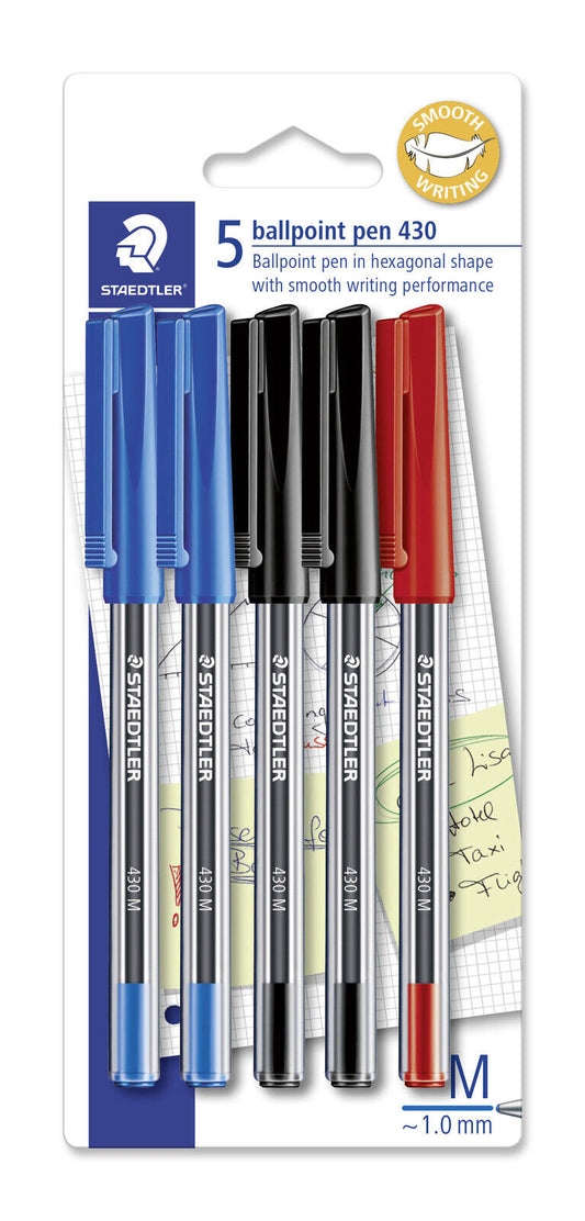 Staedtler Stick 430 Medium Ballpoint Pen 5 Pack – 2 Black 2Blue 1 Red