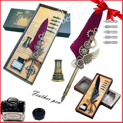 Antique Quill Feather Set,Steampunk Calligraphy Set,Vintage Feather Dip Ink Pen