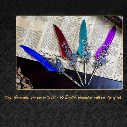 Antique Quill Feather Set,Steampunk Calligraphy Set,Vintage Feather Dip Ink Pen