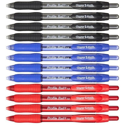 12 x PaperMate Profile Retractable Ballpoint Pens 1.0mm/0.7mm Black/Blue/Red