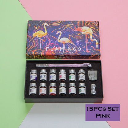 Crystal Flamingo Glass Dip Pen Ink Set Gift Pack Signature Dipping Calligraphy